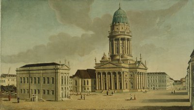 Veduta del Gendarmenmarkt con il teatro francese e la cattedrale, Berlino, 1788 da Karl Friedrich Fechhelm